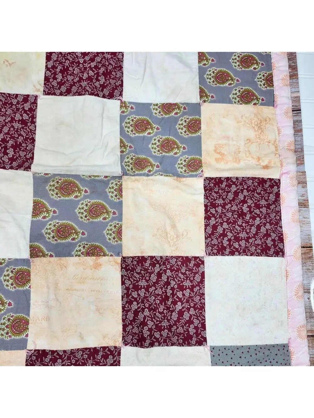 Handmade Vineyard Vibes Patchwork Quilt 36 x 46 Inch Gray Maroon Peach Cream